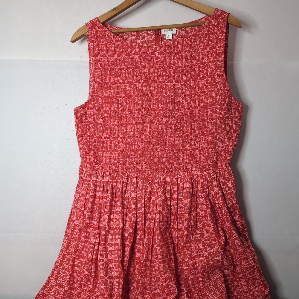 J.Crew Red White Geometric Print Smocked Cotton Sleeveless Dress Large Pockets